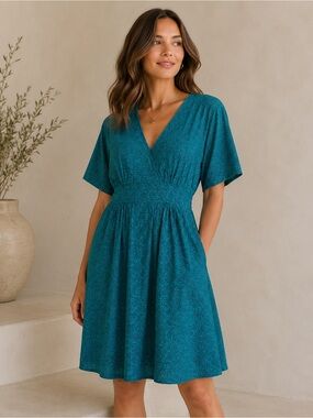 100% Organic Cotton Teal Printed Tie Back Dress Size 36 Small Tranquillo NWOT